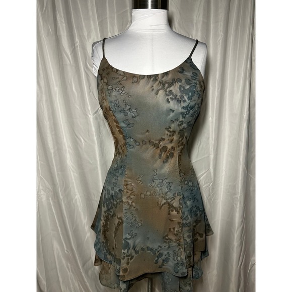 Rampage Dresses & Skirts - Vintage Rampage Blue Brown Abstract Print Tiered Ruffle Mini Dress 90s Y2K